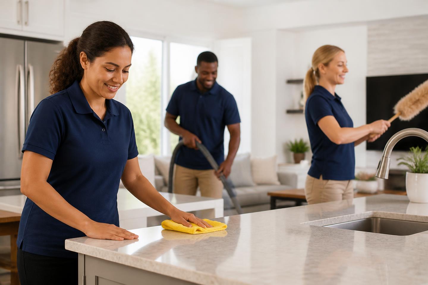 A cleaning team in navy polos dusting, vacuuming and wiping counters inside a bright modern home
